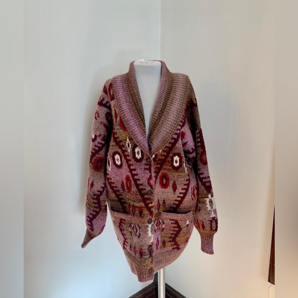 Frye & Co Aztec Ombre cardigan Sweater Knit pink boho Free People Range XL Wool - Picture 13 of 16